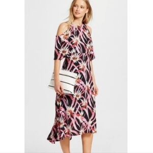 Who What Wear Black and Pink Flowy Floral Midi Cold Shoulder Dress L